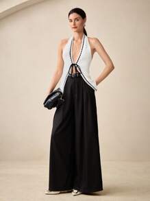 BizChic Women's Elegant Halter Neck Sleeveless Black Tie-Up Knit Vest Top, Spring & Summer