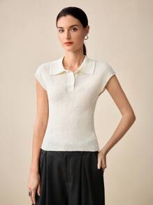 BizChic Women's Solid Color Polo Neck Short Sleeve Knit Top - White - View 5