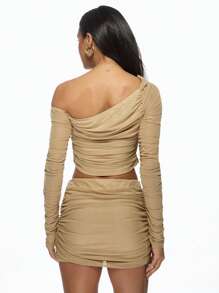 MISSGUIDED Mesh Ruched Two Piece Set Off Shoulder Long Sleeve Crop Top Mini Skirt Co-Ord Party Club Night Out Bodycon Outfit Set