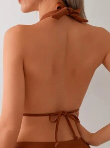 Swim SXY Ladies' Backless Pleated Knot Wireless Halter Neck One-Piece Swimsuit, Solid Color, Sexy Vacation Beach