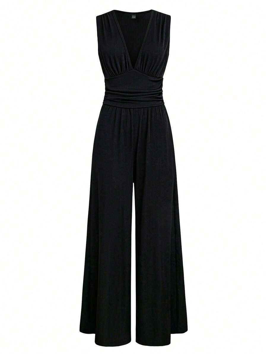 SHEIN Tall 女士休闲纯色 V 领垂褶阔腿无袖连体裤