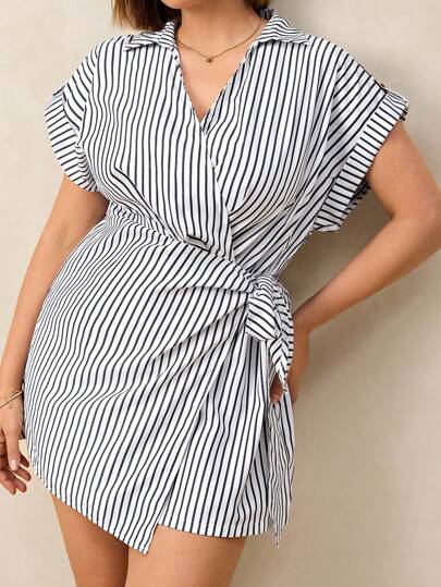 Chikora Plus Size Summer Casual Striped Drawstring Wrap Romper,Business Casual Woman