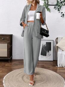 Chiquease 女士纯色缺口领 3/4 袖夹克和裤子休闲套装