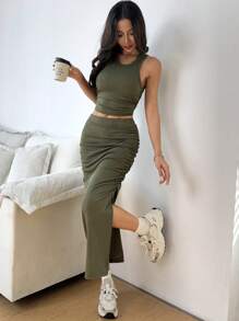 SHEIN EZwear 女士纯色背心和半身裙套装（2件套），简约时尚，日常休闲穿着 - 軍綠色 - 查看 3