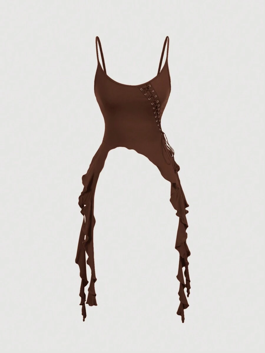 SHEIN MOD Brown Spaghetti Strap Top With Lace-Up Hem & Flare Sleeves - Brown - View 1