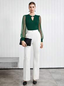 BizChic Summer New Women Crew Neck Metal Button Knit Top, Organza Sheer Green Blouse, Business Casual Daily Commute Wear, Elegant For Beach Holiday, Suitable For Wedding Guest, Country Music Festival, Brunch, Airport, 134S Old Money Stockholm Style, US Independence Day - Dark Green - View 3