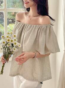 DAZY Blusa de mujer con diseño de hombros descubiertos, volantes, top de hombros descubiertos, top de estilo babydoll - Gris - Ver 3