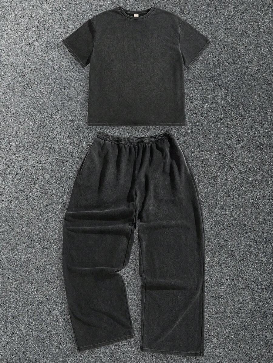 Forever 21 男士宽松休闲黑色T恤和长裤两件套，特殊工艺面料；适合春夏季穿着