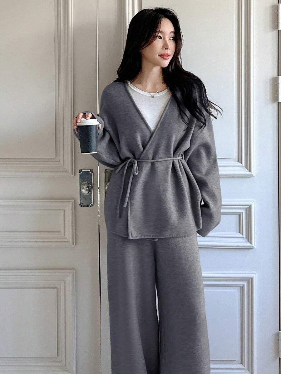 DAZY 2pcs Set Women Spring Office Knitted Sweater Outfit,Fall Clothes - Dark Grey - View 1