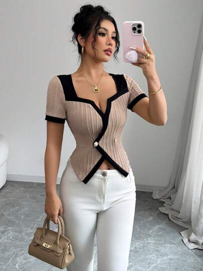 Gloray Elegant Commuting Khaki Herringbone Square Neck T-Shirt With Color-Blocking Trim, Button Decor And Split Hem For Women