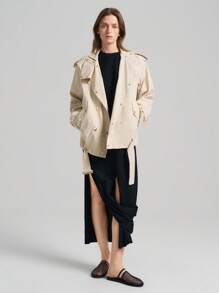 Ontre Giacca da donna stile vintage anni '90, nuova collezione primavera 2025, giacca casual a mezzo giro color albicocca senza collo e doppiopetto - Grigio - Visualizzare 4