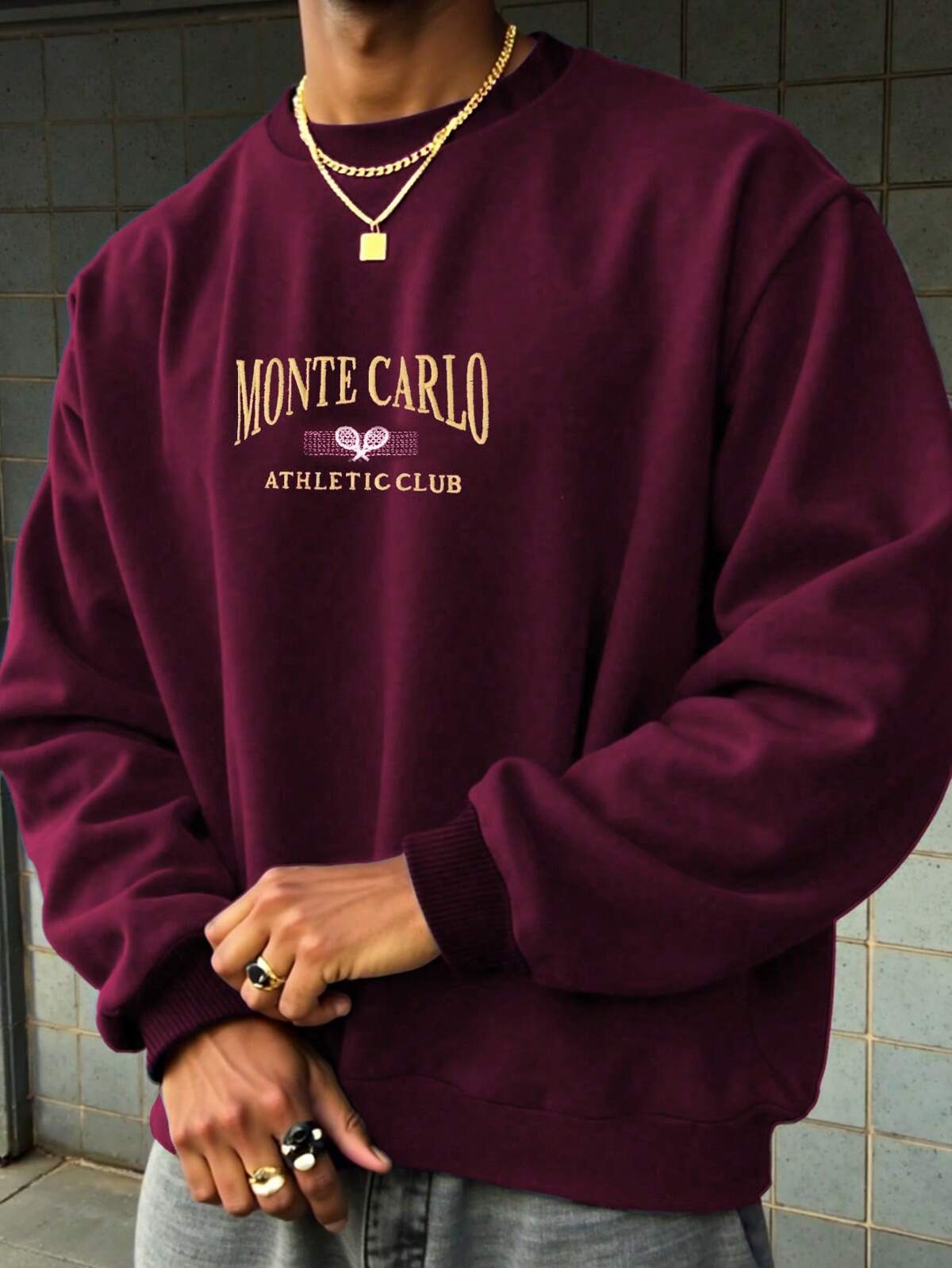 Manfinity Homme Sweat-shirt décontracté à col rond, manches longues, coupe ample avec imprimé lettres pour hommes, automne 2