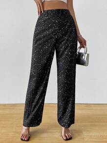 SHEIN Clasi Women's Casual High Waist Silver Foil Print Pants