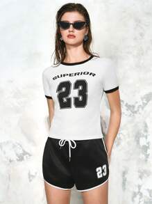 SHEIN LUNE 拼色数字印花短袖 T 恤，美国时尚女式夏季上衣 - 白色 - 查看 7