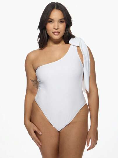 MISSGUIDED Plus Size One Shoulder Swimsuit With Bow Detail Asymmetrical One-Piece Bathing Suit Statement Beach Wear Resort Vacation Swimming Summer Swimwear