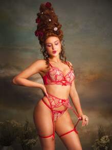 4pcs Vintage Red Palace Style Embroidered Sexy Lingerie Set, Valentine's Day Gift For Women - Red - View 5