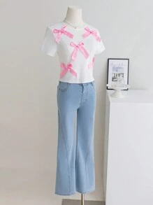 Wildeya Mädchen T-Shirt mit 3D Schleife, kurz geschnitten und passgenau, süßer mädchenhafter Y2K Stil