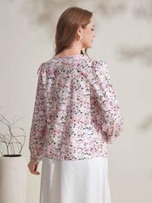 SHEIN Maternity Floral Print Notched Neck Long Sleeve Blouse - Green - View 3