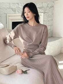 DAZY 2pcs/Set Women Asymmetric Gathered Top & Knit Skirt Suit,Fall Clothes - Brown - View 1