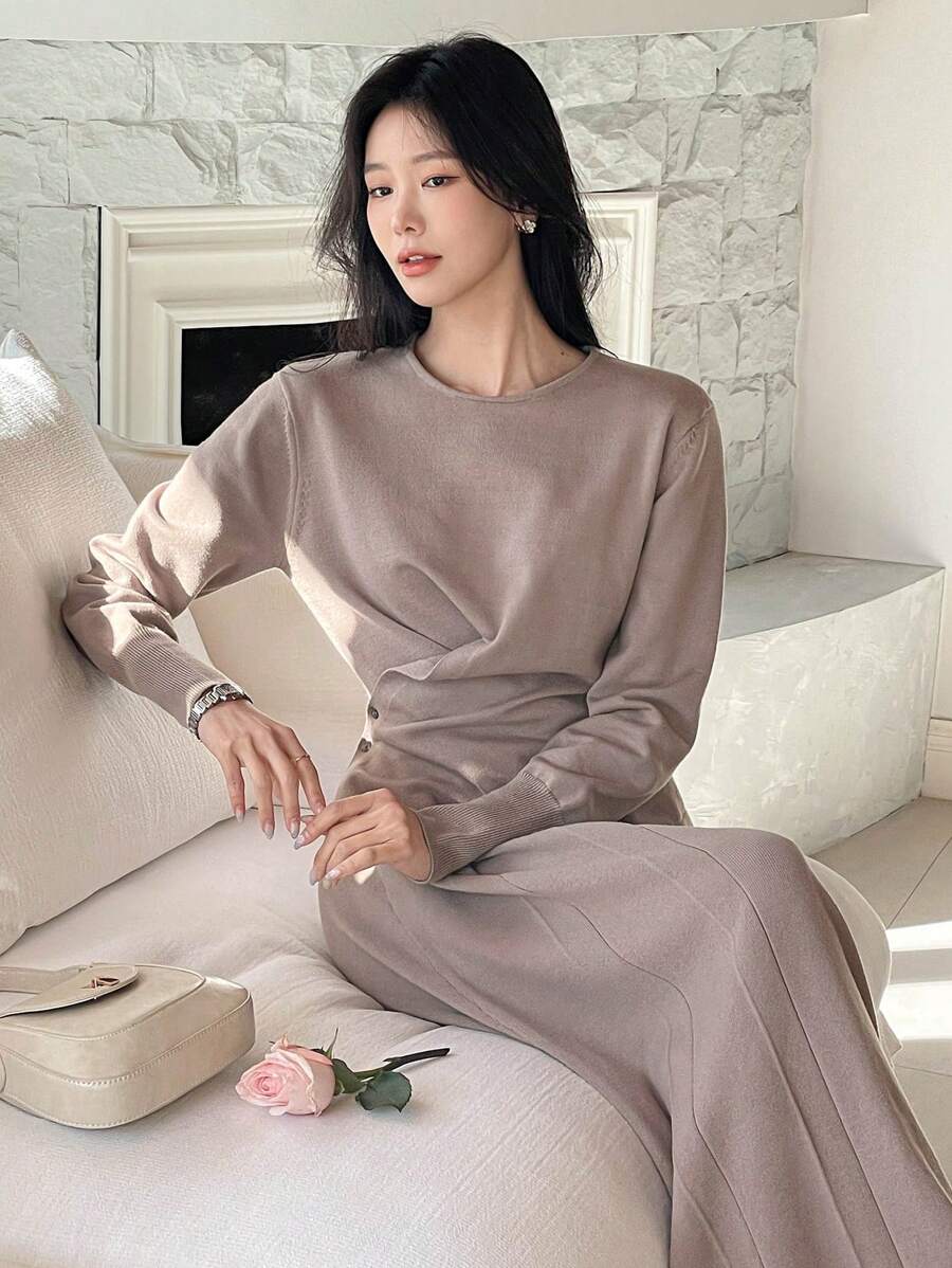 DAZY 2pcs/Set Women Asymmetric Gathered Top & Knit Skirt Suit,Fall Clothes - Brown - View 1
