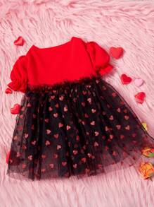 PETSIN 1pc Pet Universal Red Puff Sleeve Patchwork Black Gold Foil Red Heart Print Dog Princess Dress - Red - View 2