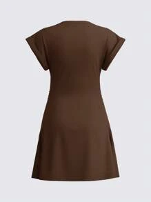 SHEIN BASICS Plain Color Knit Crew Neck Short Sleeve Side Drawstring Mini Dress,Summer Dresses For Women - Brown - View 6