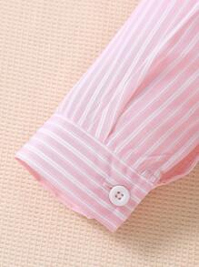 SHEIN 2pcs/Set Boys Daily Lapel Long Sleeve Striped Shirt + Adjustable Waistband Loose Straight Shorts Set, Casual And Fashionable - Multicolor - View 4