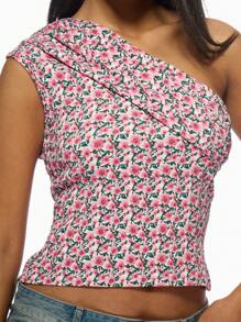 MISSGUIDED Floral One Shoulder Crop Top Summer Spring Fitted Party Club Casual Date Night Fashion Statement Pink Blouse