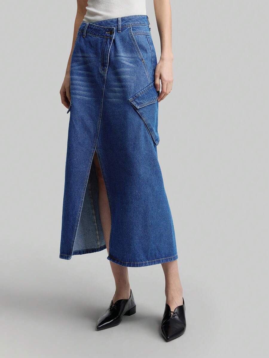 Ontre 女式 2025 新款休闲不对称腰部开衩工装牛仔裙，春夏女式牛仔装 - 藍色 - 查看 1