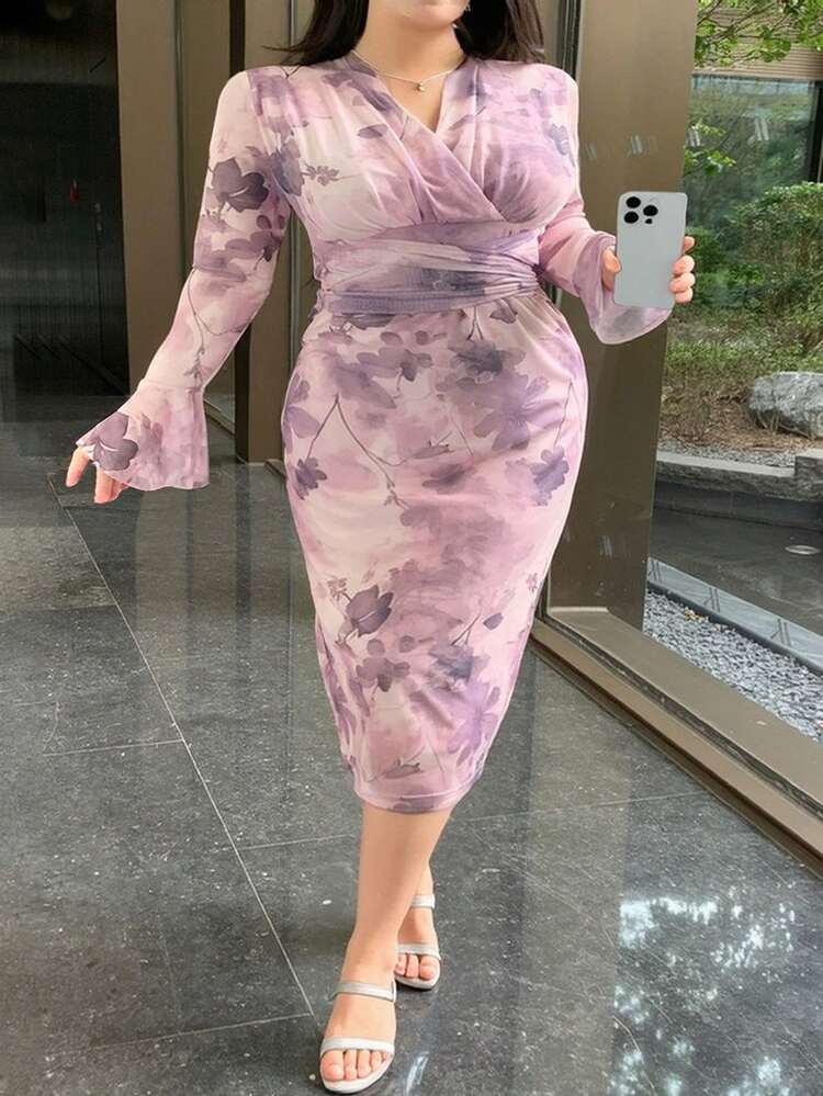 Dazy Plus Plus Size Floral Print Wrap Dress With Flare Sleeves, Holiday & Vacation, Spring/Fall Long Sleeve Dress