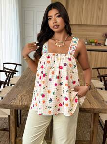 Weeklong Débardeur à motif carreaux et micro-fleurs pour femmes grande taille avec broderie