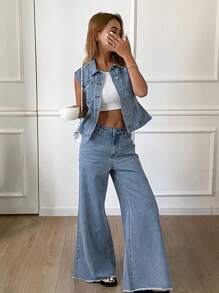 Livesso Women's Denim Casual Street Style Sleeveless Jacket And Wide Leg Pants Suit, Spring/Summer - Blue - View 7