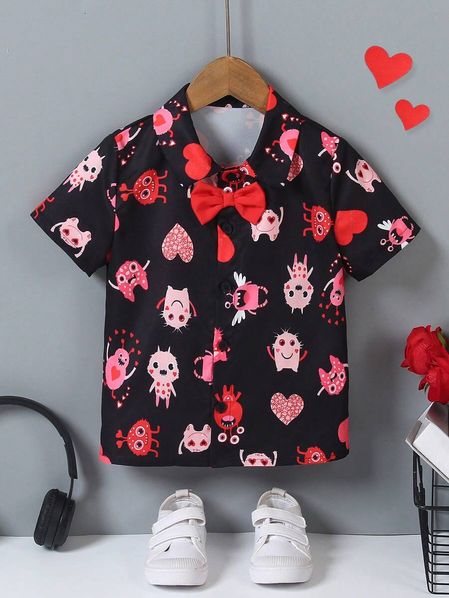SHEIN Cartoon Print Short Sleeve Single-Breasted Casual Shirt For Boys, Suitable For Daily Casual, Family Gatherings, And Small Parties, You Will Be The Spotlight. - Multicolor - View 1