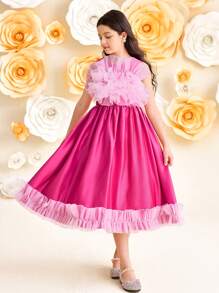 SHEIN Leap Crew Tween Girl Elegant Round Neck Sleeveless Ruffle Waist A-Line Midi Dress - Pink - View 6