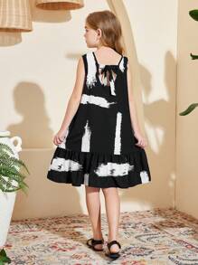 SHEIN Leap Crew Tween Girls Casual Woven Geometric Striped Print U-Back Bow Decor Loose Sleeveless Dress, Suitable For Spring/Summer, Spring Vacation, Country Style, Casual Outing, Back To School - Black - View 6