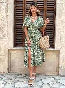 Breezaya Plus Size Women's Boho V-Neck Short Sleeve Floral Totem Print Button Down Dress, Suitable For Beach, Dating, Commuting, Office, For Summer - Green - View 5