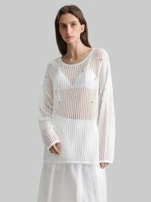 Ontre 2025 Spring Women's Bohemian Style Clothing, Valentine's Gift, Women's White Rhinestone Knitted Hollow Out Cover Up, Semi-Transparent - White - View 4