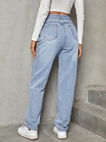 SHEIN Frenchy Stepped Waist Straight Leg Jeans Winter Casual - Light Wash - View 2