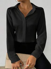 SHEIN Women's Solid Color Satin Simple Shirt With Asymmetric Hem Fall Cloth For Women - Black - View 6