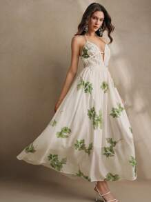 Anewsta 女士花卉提花印花 V 领收腰夏季连衣裙，优雅节日、海滩、春夏季度假装