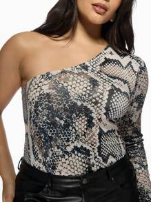 MISSGUIDED PLUS Plus Size One Shoulder Snake Print Bodysuit Long Sleeve Form Fitting Party Club Night Out Dance Office Wear Statement Fashion Piece Winter Fall - Multicolor - View 6