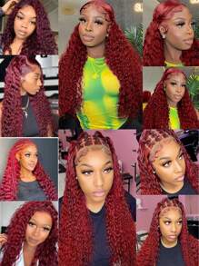 Perruque de cheveux humains à lacets frontaux bouclés frisés Bordeaux 99J 13x4, perruque à lacets frontaux transparents de couleur vin rouge 99j bouclée 13x4 pour femmes