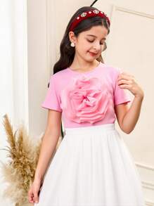 SHEIN Tween Girls' Knitted Tulle 3D Floral Decorated Elegant Pink Blouse, Sweet Top, French Elegant Blouse, Valentine's Day Tween Girl, Flower Girl, Back To School