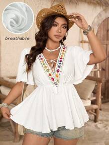 Breezaya Colorful Floral Patchwork Waist-Tie V-Neck Tassel Bohemian Casual Blouse, Loose Flared Hem, Shoulder-Off Short Sleeve, Chic & Versatile, Plus Size, Suitable For Music Festival, Valentine's Day, Thanksgiving, Leisure Gathering, Beach Vacation, Picnic