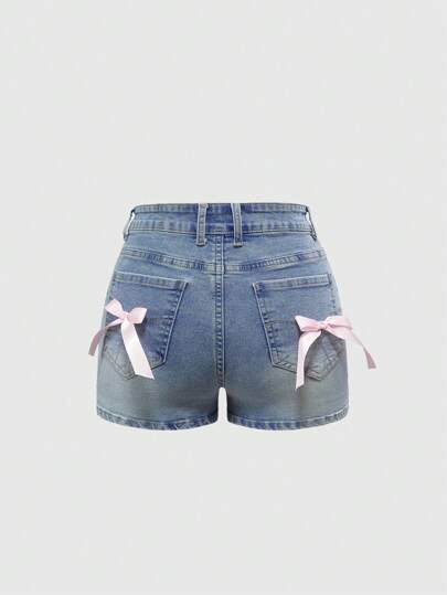 Kawaii Women's Sweet Vintage Ballet Style Pink Bow Decor Elastic Light Blue Denim Shorts, Summer Shorts For Women Jeans