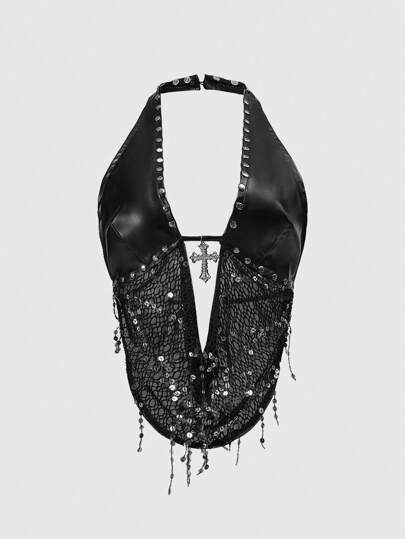 Grunge Punk Women's Y2K Sexy Metal Cross Pendant Mesh Sequins Splice Scoop Neck Backless Tank Top