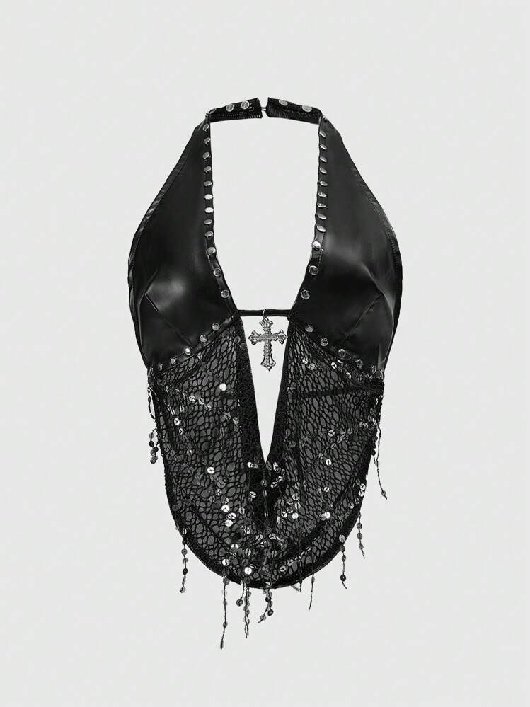ROMWE Grunge Punk Top de espalda descubierta con cuello de corte, hecho de malla con lentejuelas y con colgante metálico en forma de cruz, de estilo Y2K sexy para mujer