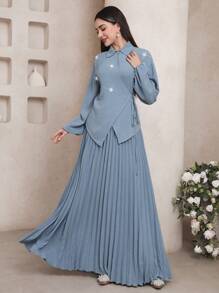 Veilorie Conjunto de blusa con cordones envolventes y falda plisada de abaya, modesto - Azul - Ver 5