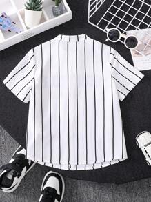 Young Boy Casual Striped Letter Print Stand Collar Short Sleeve Shirt, Comfortable Sporty Style Suitable For Daily Wear, School, Travel, Sports, Spring And Summer - White - View 2