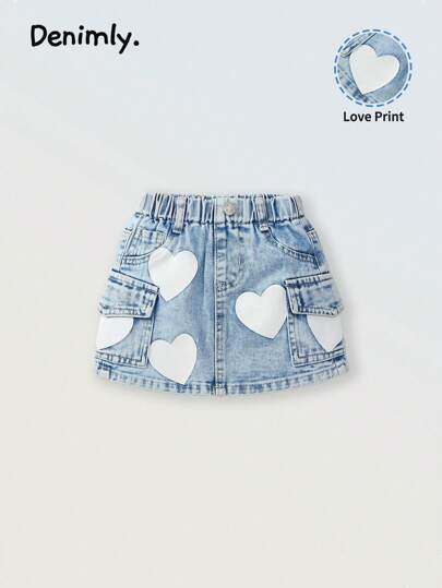 女婴休闲牛仔心形印花贴袋松紧腰裙